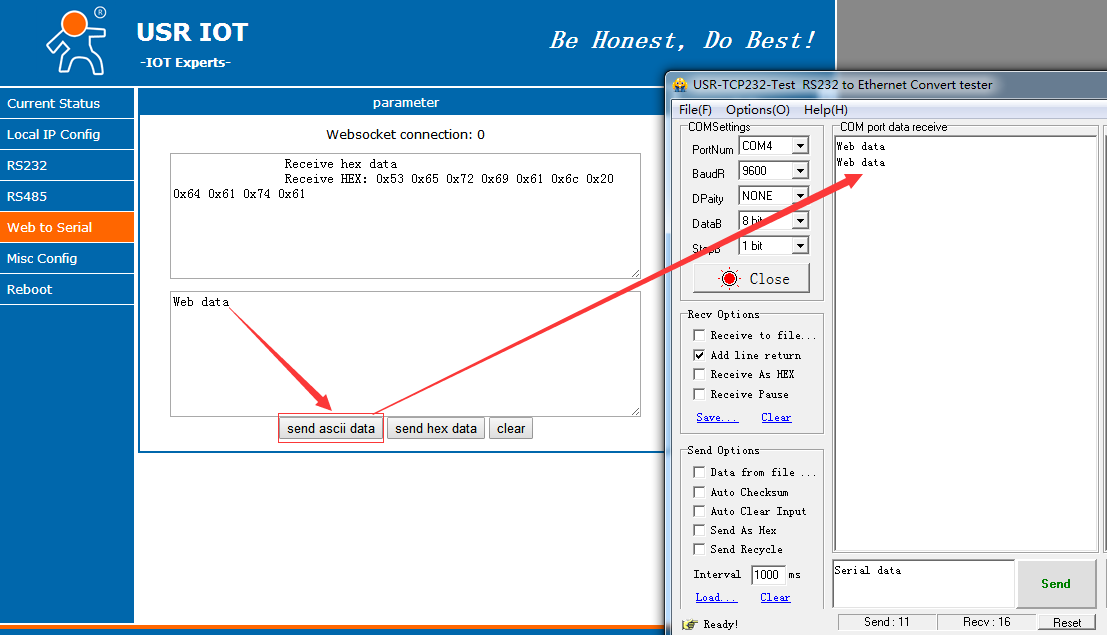  WebSocket Function of Serial to Ethernet Converter