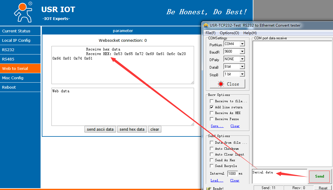  WebSocket Function of Serial to Ethernet Converter