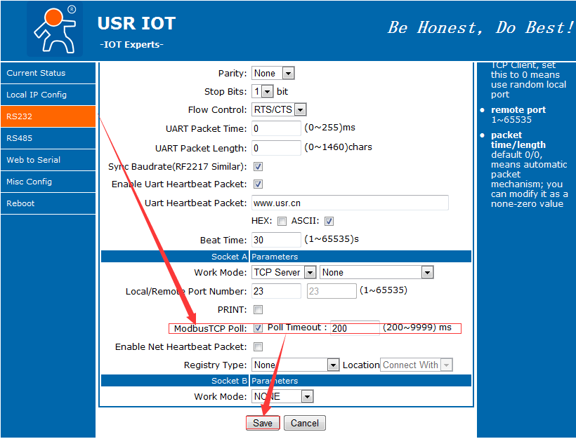 enable Modbus polling function and configure timeout time by Web Server 