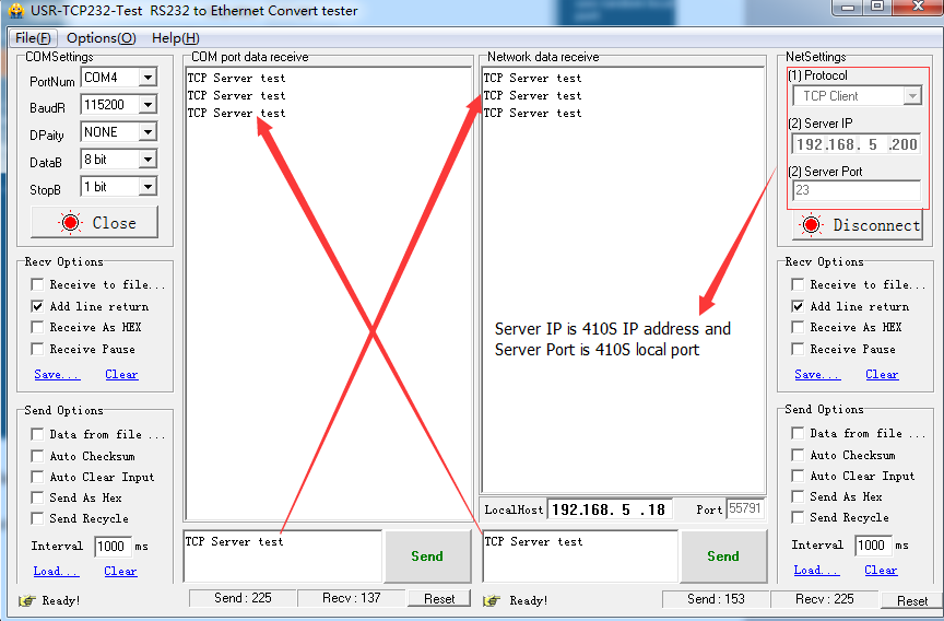 TCP Server mode data transmission-Test data transmission by USR-TCP232-Test-V1.3.exe