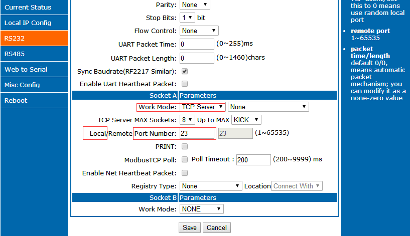 TCP Server mode configuration