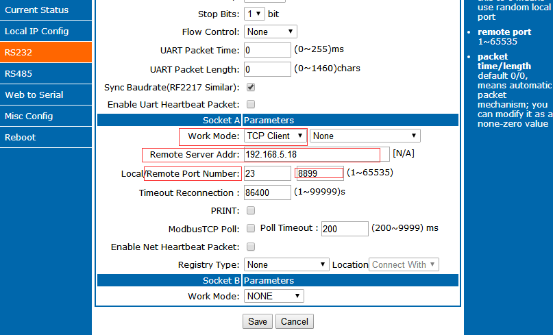 TCP Client mode configuration