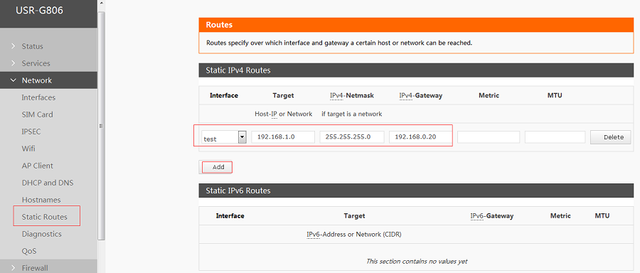 configure G800 Web Server-Configure Static Routes 