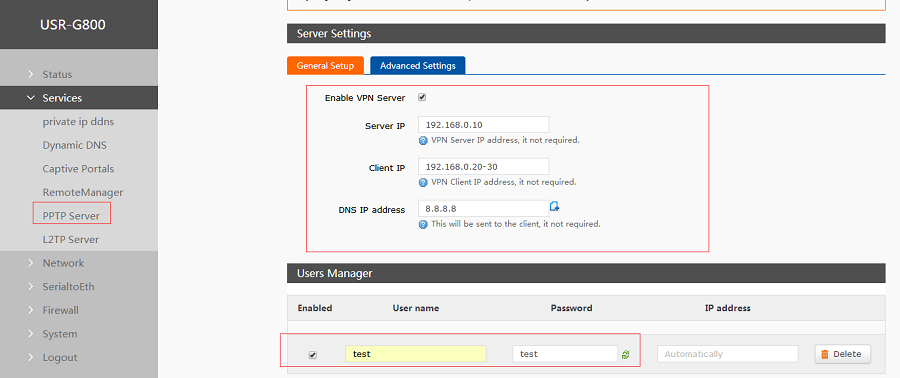 configure G800 Web Server-Enable VPN Server and configure parameters