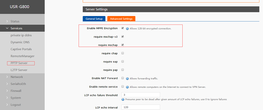 configure G800 Web Server-Enable VPN Server and configure parameters