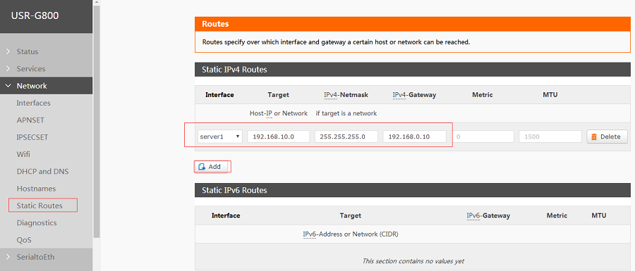 configure G800 Web Server-Static Routes configuration 