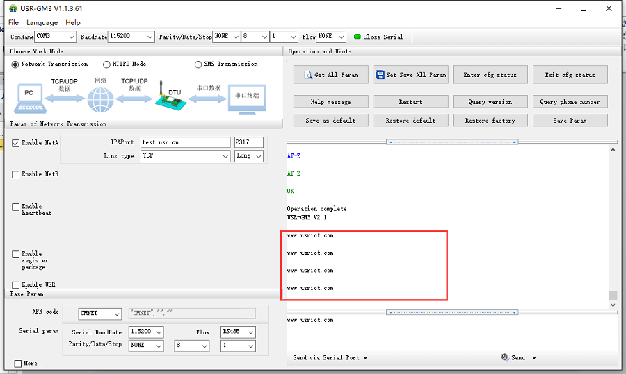 GM3 Transparent Transmission-configure test server