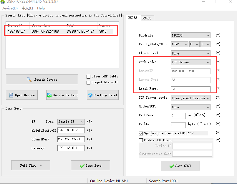 Parameter: FXP of M4 serial to Ethernet converter