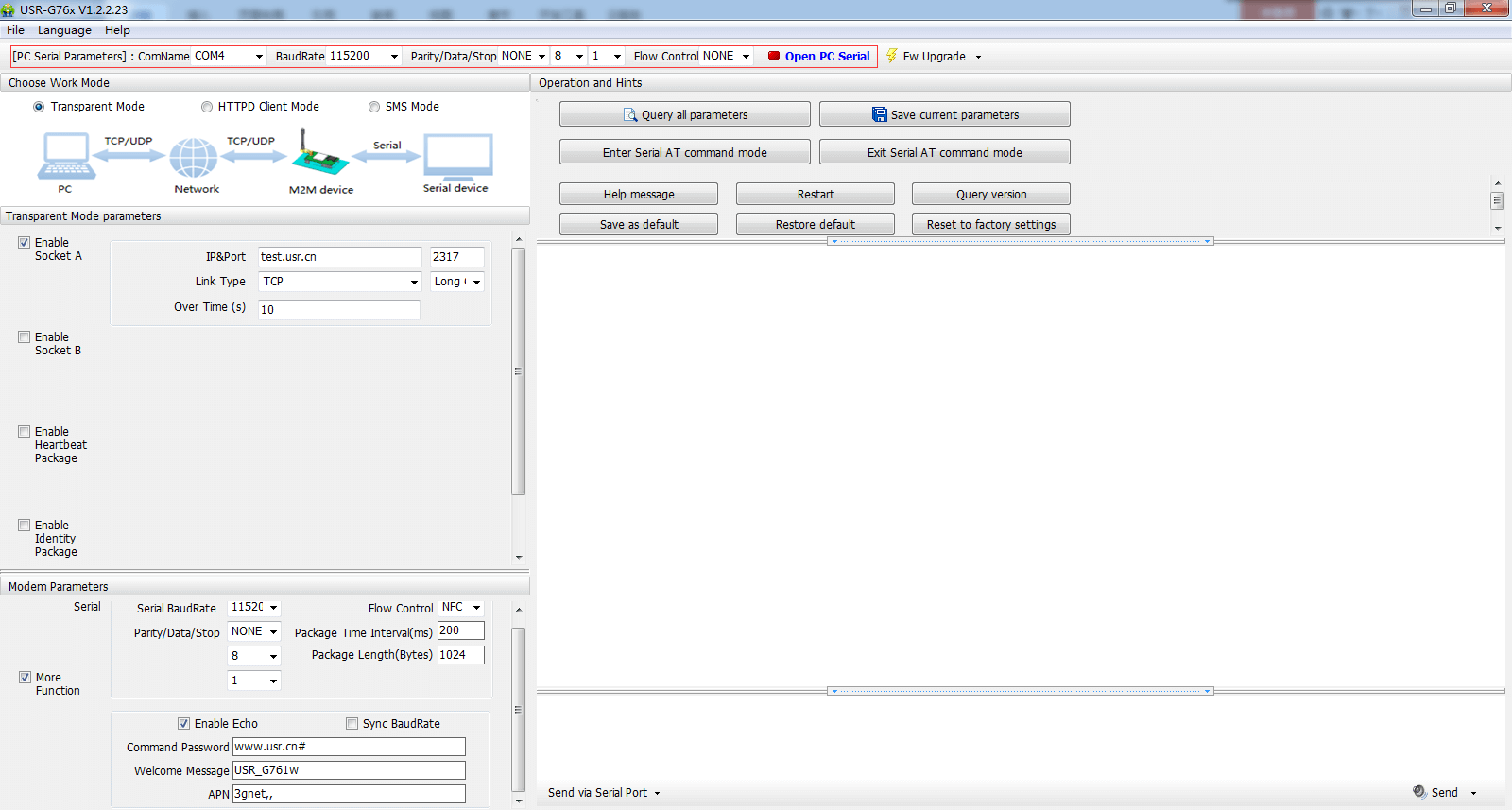 choose the correct COM port, Open the serial, industrial modem setting