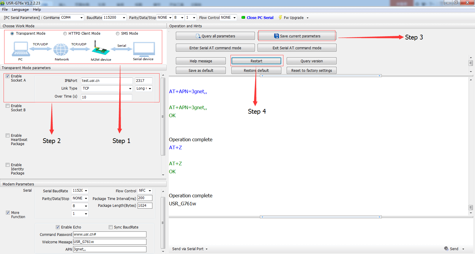 Transparent transmission mode setting of Industrial Modem