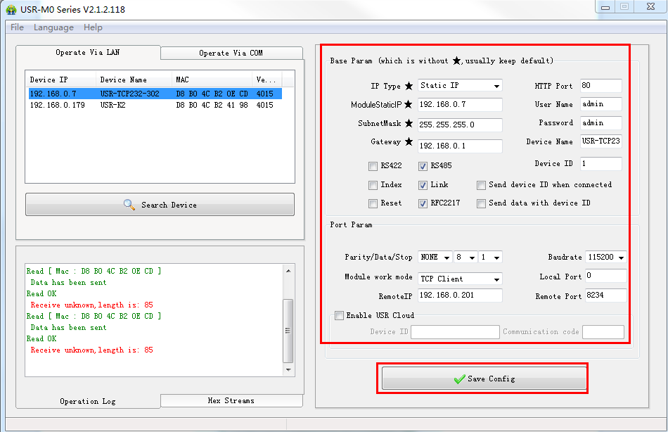 The loopback test of the USR-TCP232-302, figure 6