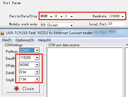 The loopback test of the USR-TCP232-302, figure 7