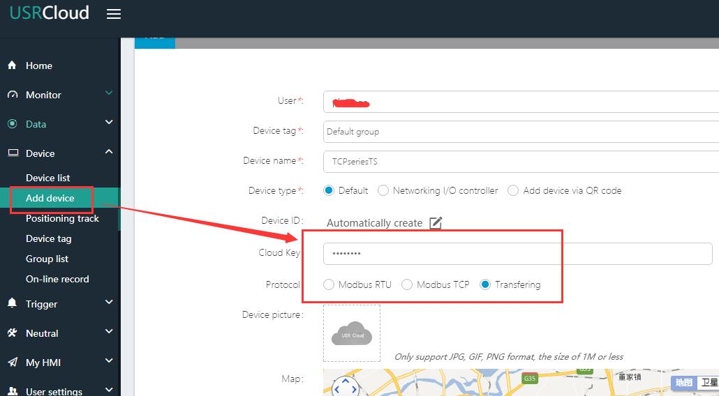 TCP series using USR-cloud transmission data, add devices