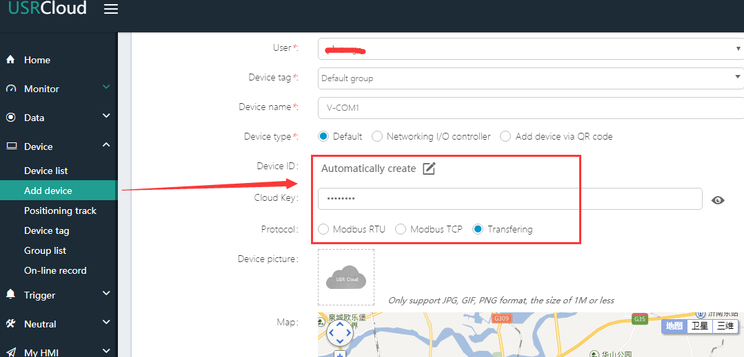 TCP series using USR-cloud transmission data, add devices