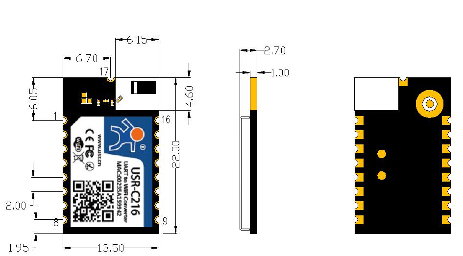 The Dimensions of WIFI Module USR-C216 