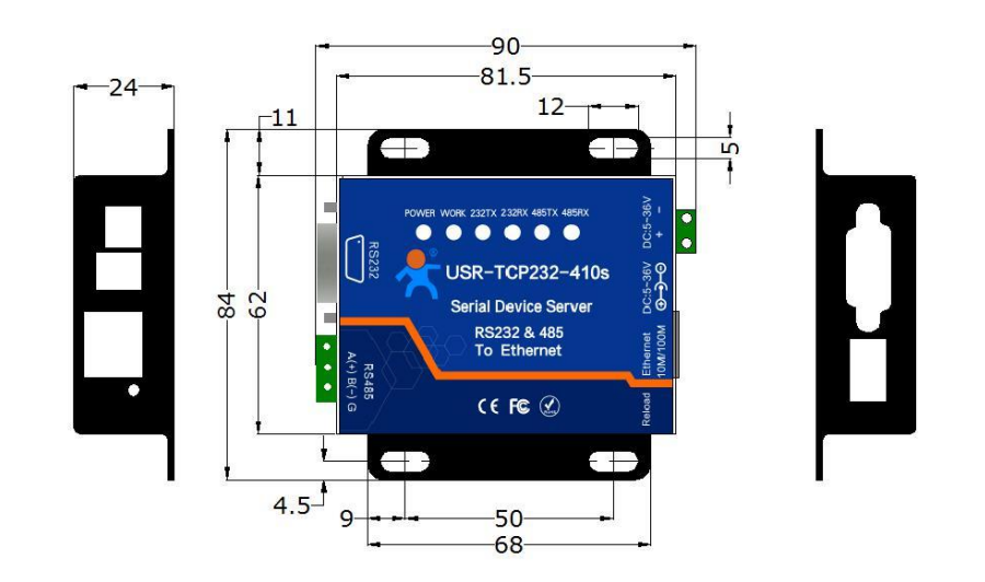 Hardware Dimensions of Serial to Ethernet Converter USR-TCP232-410s