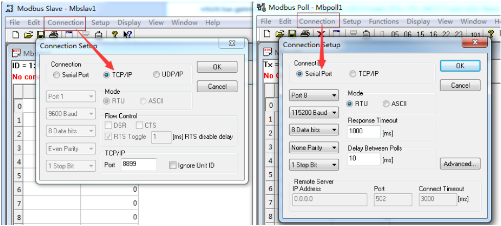 run Modbus Slave software and Modbus Poll software to simulate Modbus TCP slave and Modbus RTU Master 