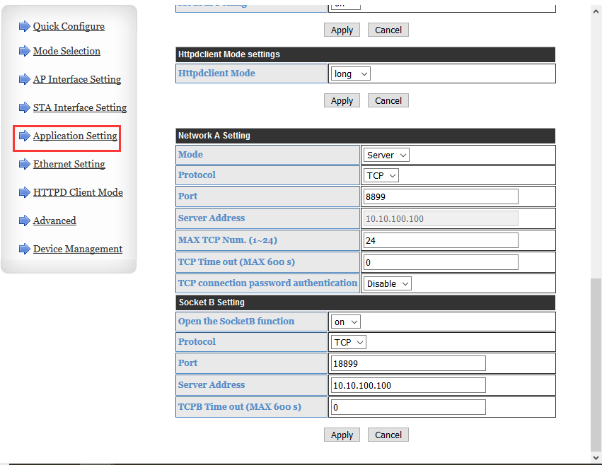 Application Setting,network A setting