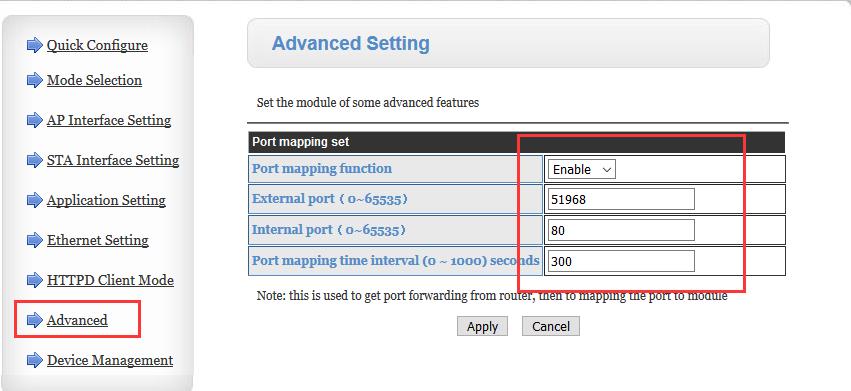 USR-W610 supports port mapping.  It only works at STA mode or ethernet port sets as WAN