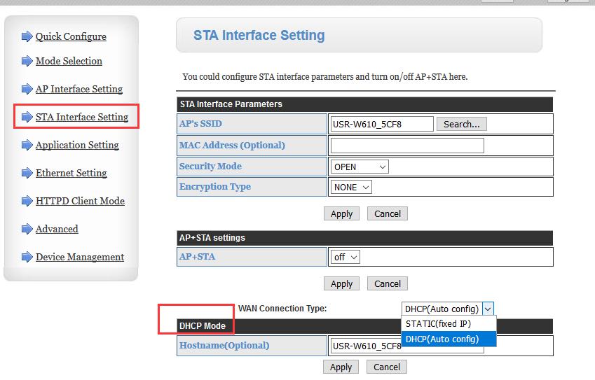 STA Interface Setting, USR-W610 access to other AP