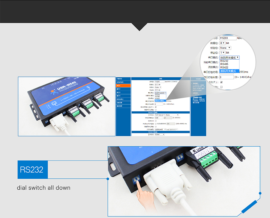 Serial Port Switching Among RS232/RS485/RS422 rs422 to ethernet/rs232 to lan converter/rs232 to tcp ip converter/converter rs485 to ethernet