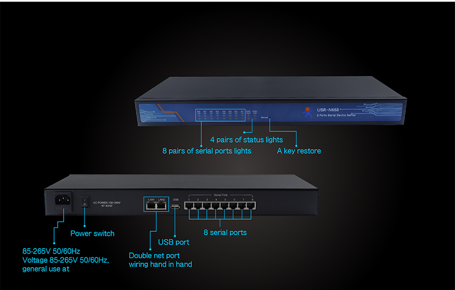 interface introduce of industrial 8 serial port ethernet converter USR-N668