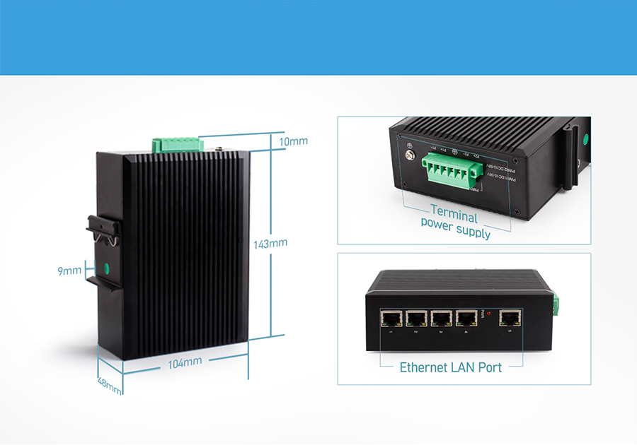 Ethernet switch USR-SDR050: terminal power supply, ethernet lan port,