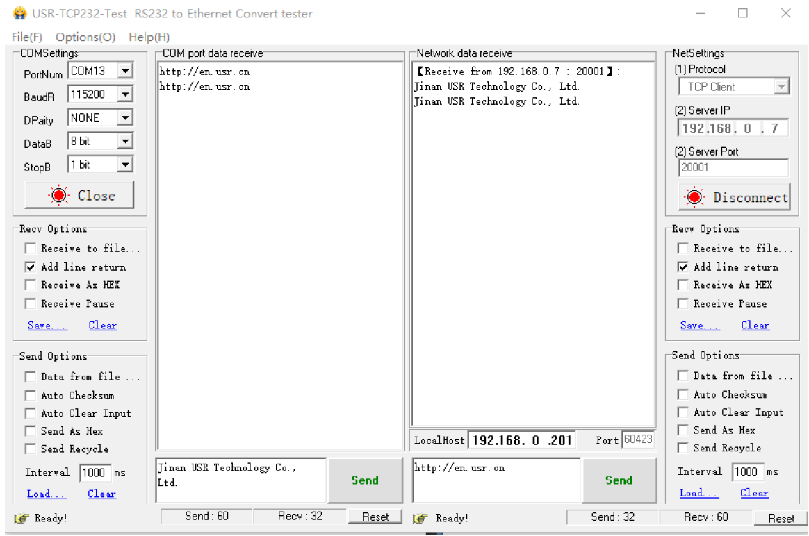 data transmission test of serial to ethernet converter