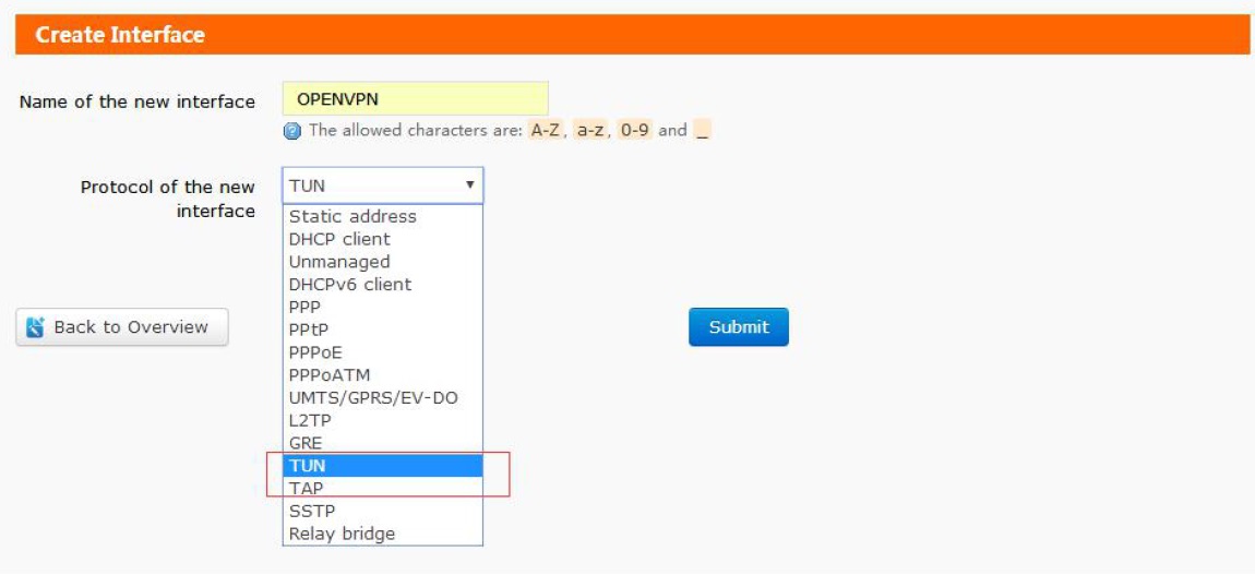 Protocol can be TUN(Route mode) or TAP(Bridge mode). 