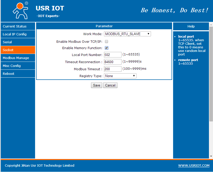 Modbus Slave mode configuration