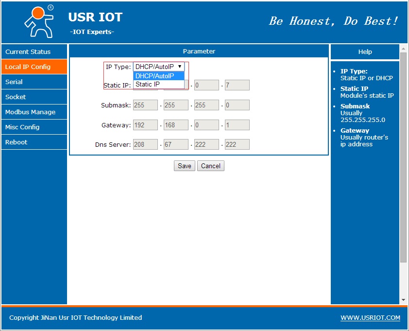 Module in DHCP mode can dynamically get IP, Static IP/DHCP