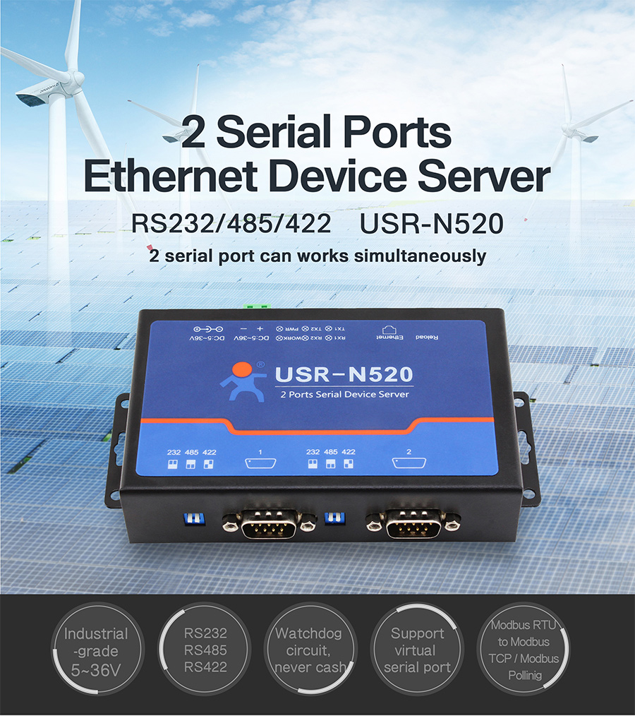 2 serial ports rs232 to ethernet converters/rs485 to ethernet converter/ RS-232/422/485 serial device server USR-N520