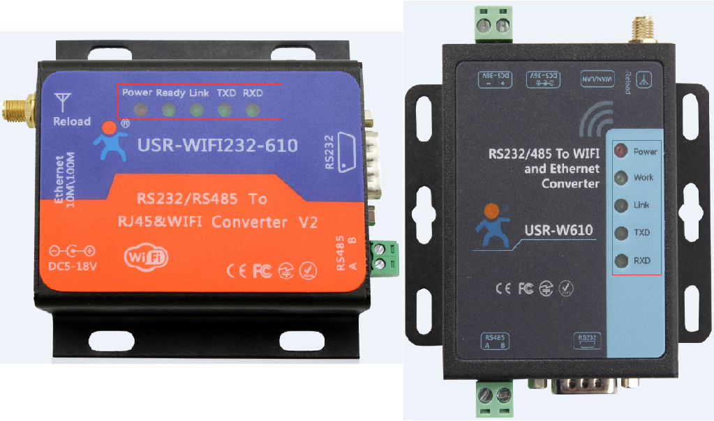 USR-W610 and USR-WIFI232-610 V2 LED diagrams and LED functions