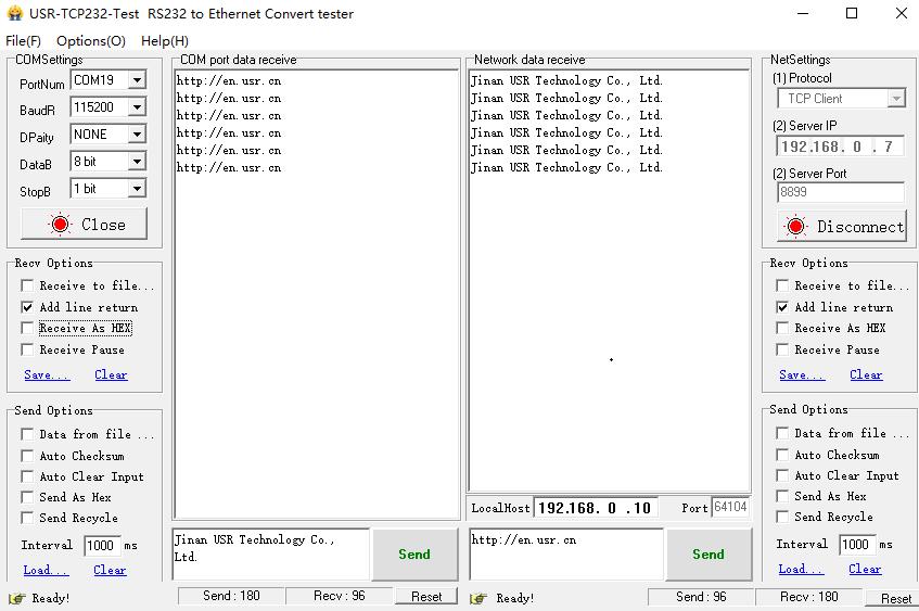 RS232 to Ethernet converter transmission test