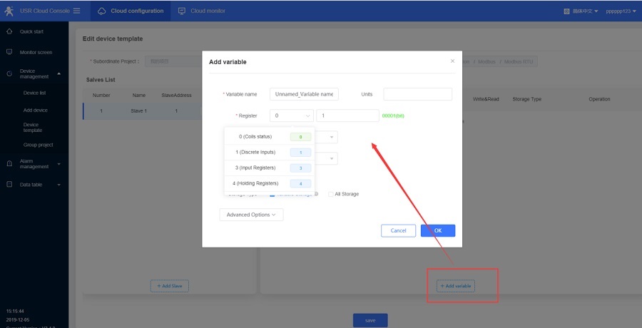 Gsm module GM3 connects to USR Cloud: After logging in, add the data template 