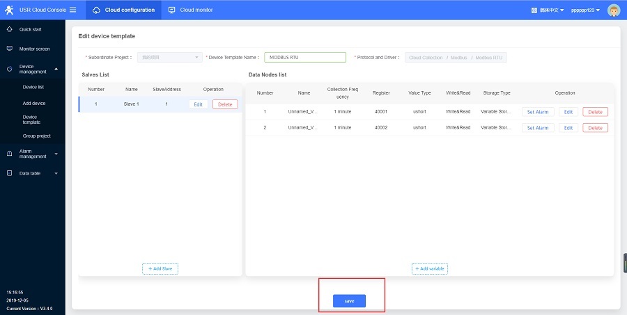 Gsm module GM3 connects to USR Cloud:  add the data template 