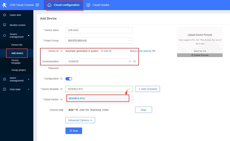 Gsm module GM3 connects to USR Cloud: Click Add Device, choose add by ID.