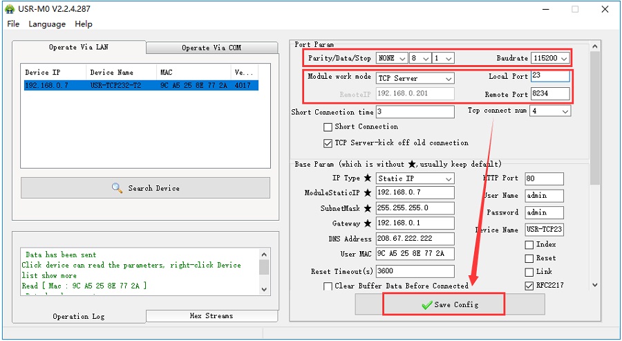 Set the serial port parameters and network parameters of USR-TCP232-T2