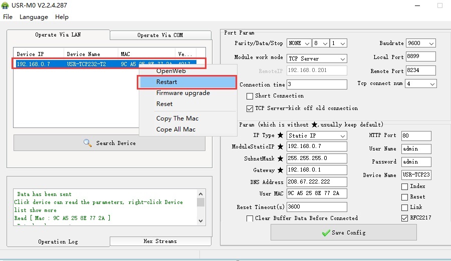 Set the serial port parameters and network parameters of USR-TCP232-T2