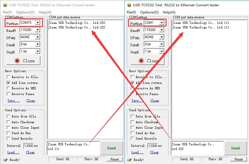 Then we can send data between the real serial port (COM15) and virtual serial port (COM1).