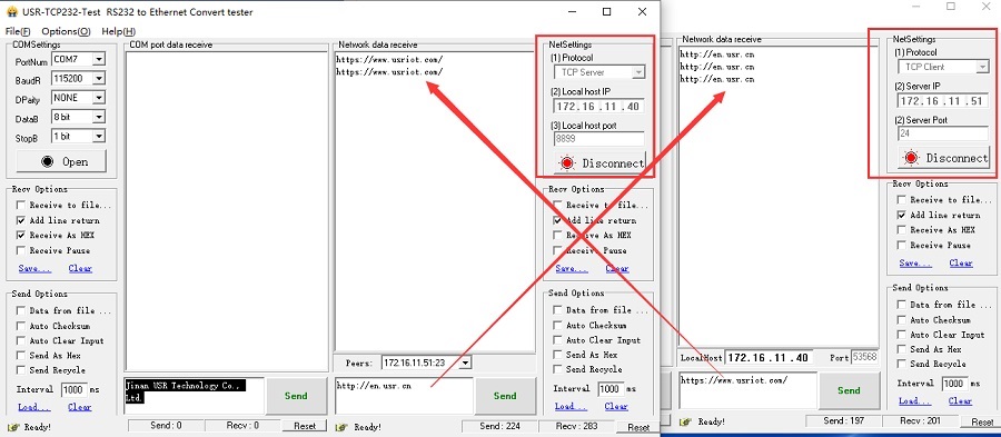 Open two serial port test software and establish TCP connections on port 1 and port 2, respectively