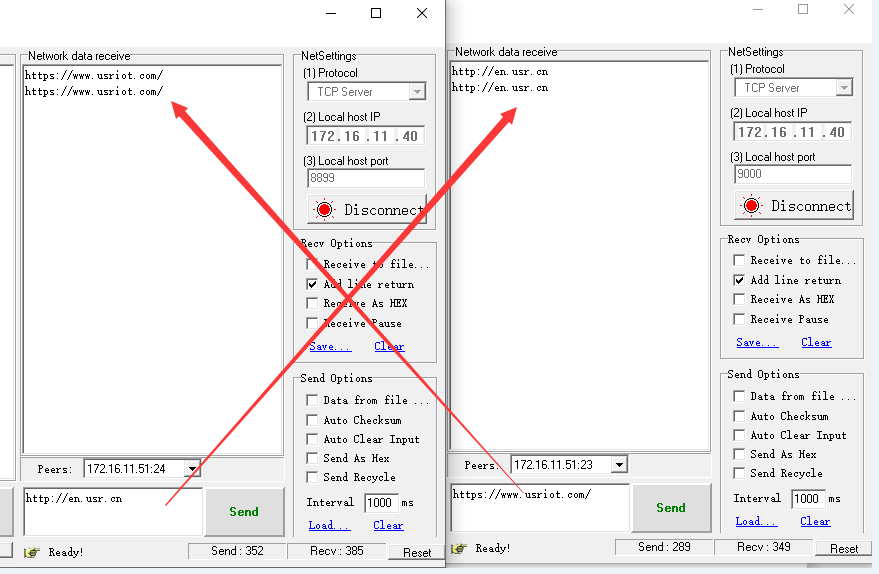 details of open two serial port test software and establish TCP connections