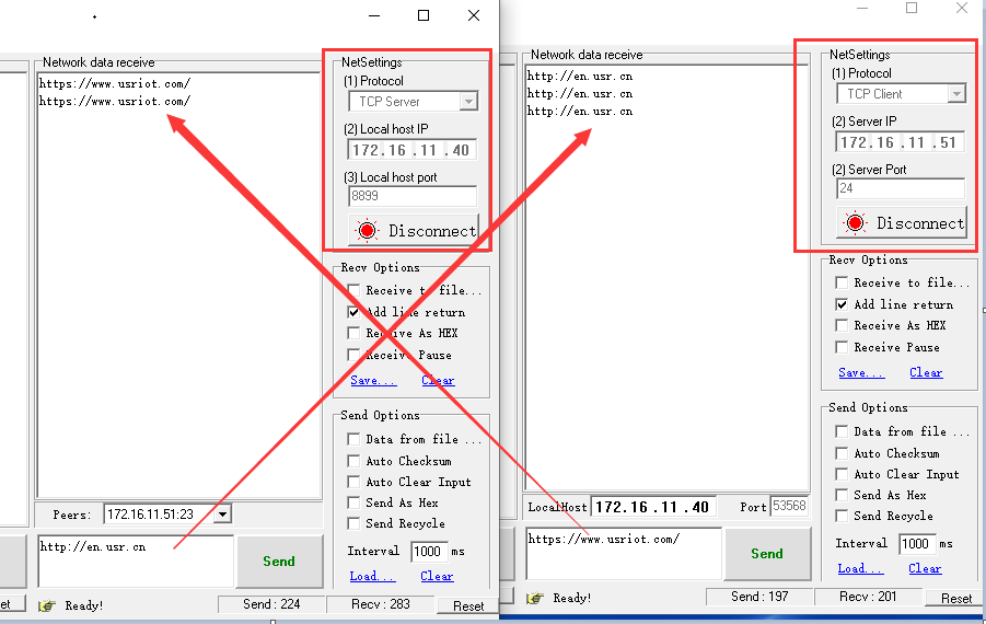 Open two serial port test software and establish TCP connections on port 1 and port 2, respectively