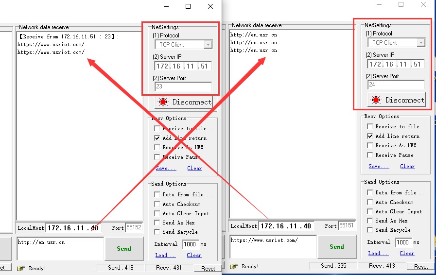 Double server self-testing of serial to ethernet converter : Open two serial port test software and establish TCP connections