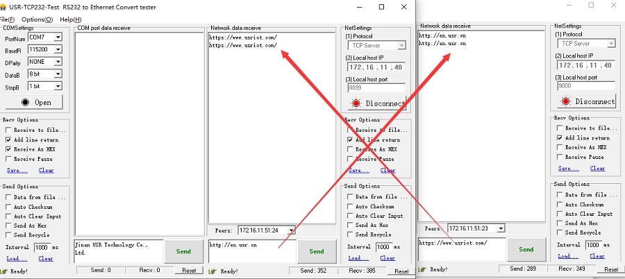 Open two serial port test software and establish TCP connections