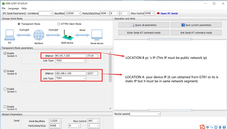 Set parameters of cellular modem USR-G781