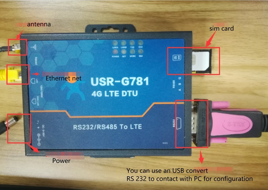 hardware connection of cellular modem USR-G781