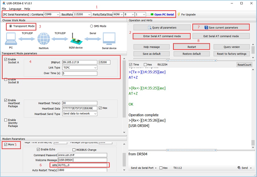 USR-DR504 connects to a remote server, configure the IP address and port of the remote server