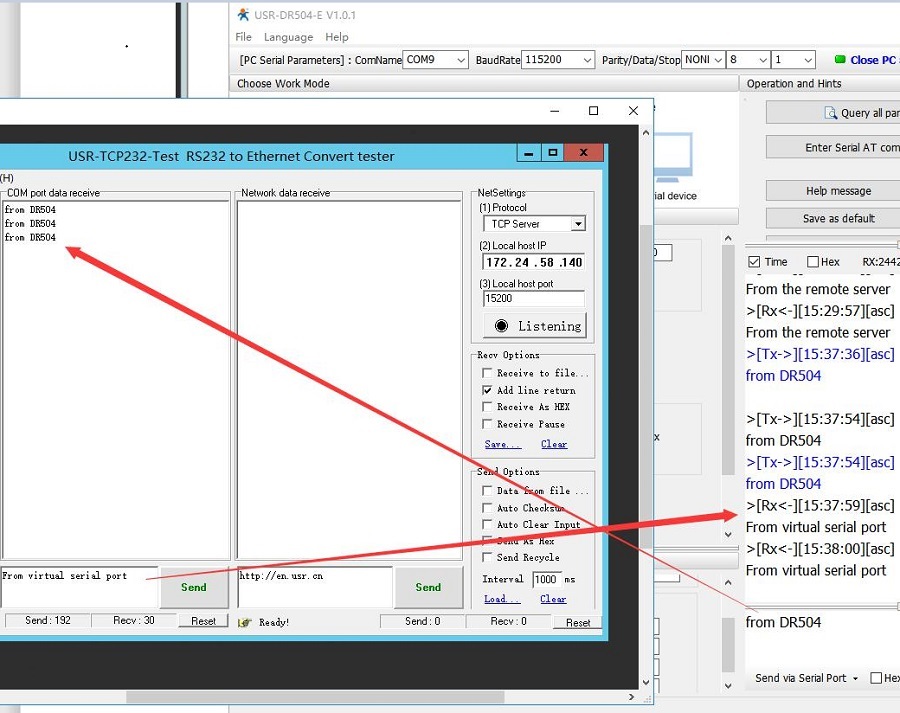 USR-DR504 connects to a remote server, establishing a virtual serial port