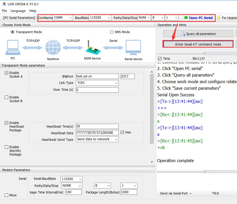 cellular modem USR-DR504, enter serial AT Command mode